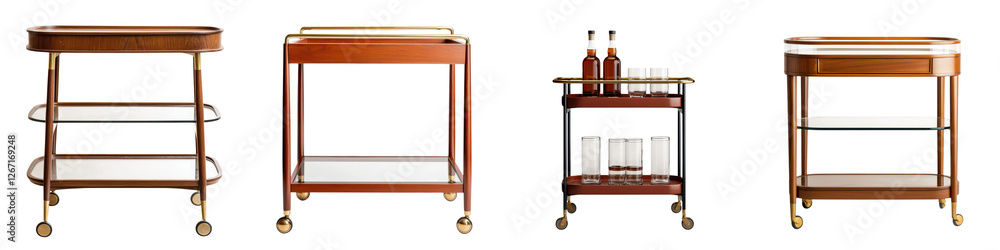Stylish and functional wooden and metal rolling bar cart with multiple shelves and racks for storing and displaying liquor bottles glassware and other bar or serving essentials Ideal for modern home Stylish and functional wooden and metal rolling bar cart with multiple shelves and racks for storing and displaying liquor bottles glassware and other bar or serving essentials Ideal for modern home
