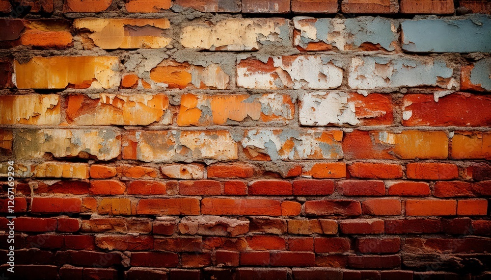 A brick wall with patches of peeling paint and rust stains spreading across the surface background A brick wall with patches of peeling paint and rust stains spreading across the surface background