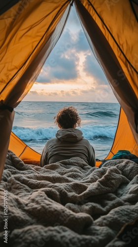 Enjoying a serene view of the ocean from inside a tent during sunset at the b...