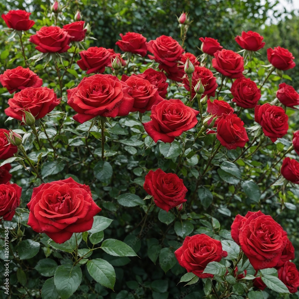 Large bush of red roses on a background of nature.
Large bush of red roses on a background of nature.