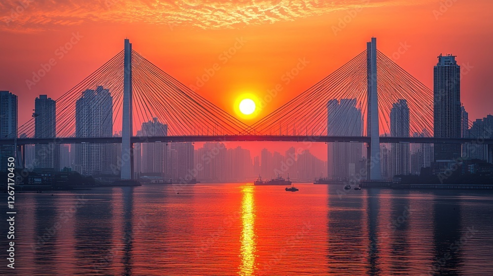 Fototapeta premium City sunrise over river with bridge silhouette and boat