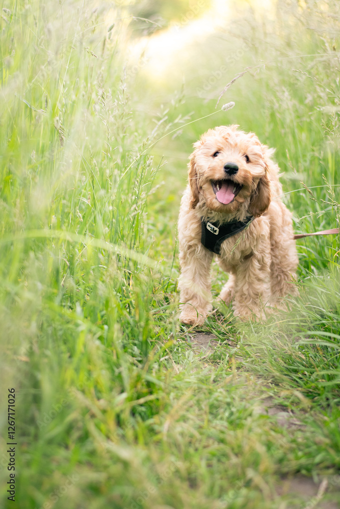Happy cavapoo puppy having fun in a field Happy cavapoo puppy having fun in a field