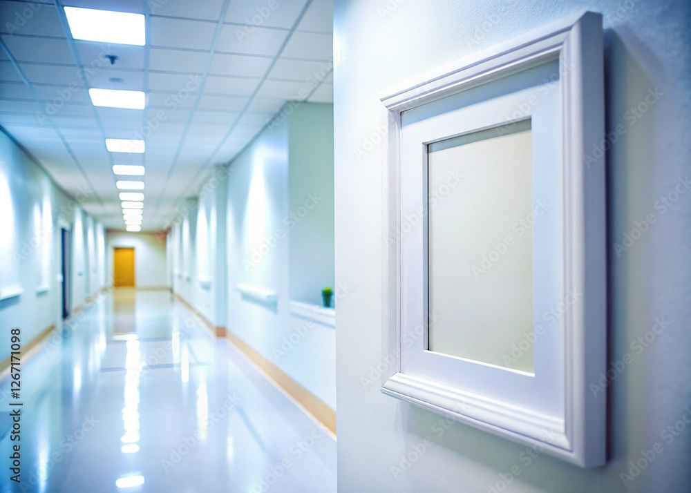 Fototapeta premium Empty White Picture Frame Mockup in Hospital Corridor Blurred Background - Medical Stock Photo