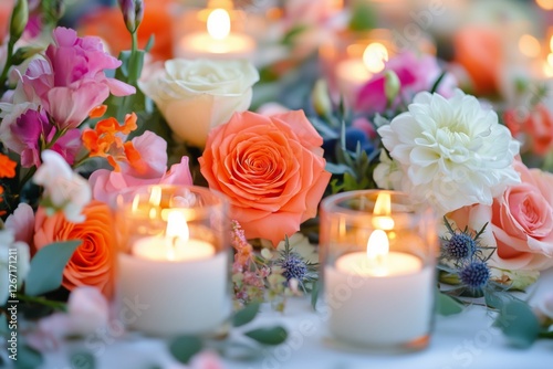 Colorful floral arrangement with candles for a romantic evening in a garden s...