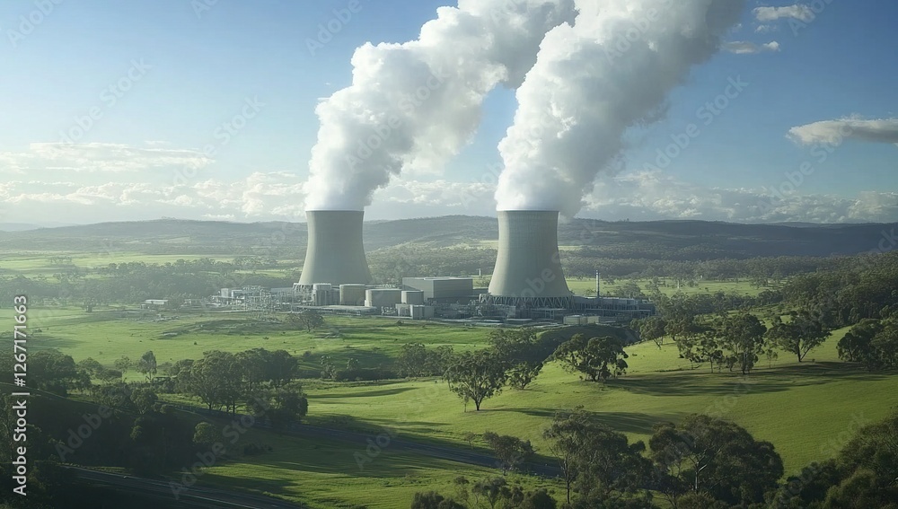 Nuclear Power Plant Emits Steam, Towers Rise Above Lush Green Landscape: Energy Production in Rural Setting, Environmental Concerns Nuclear Power Plant Emits Steam, Towers Rise Above Lush Green Landscape: Energy Production in Rural Setting, Environmental Concerns