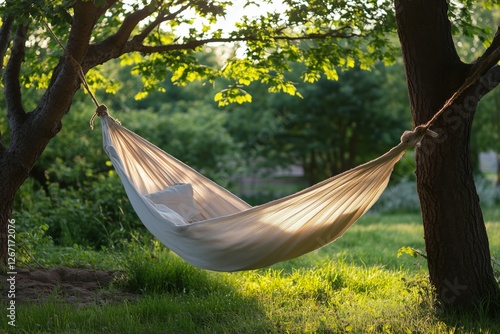 Relaxing hammock nestled between trees in a tranquil garden during sunset hours
