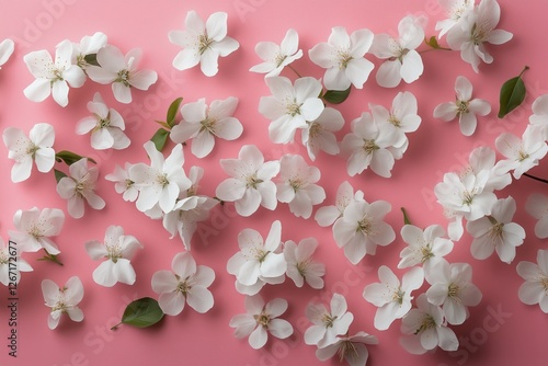 White blossoms scattered on a soft pink background creating a delicate and se...