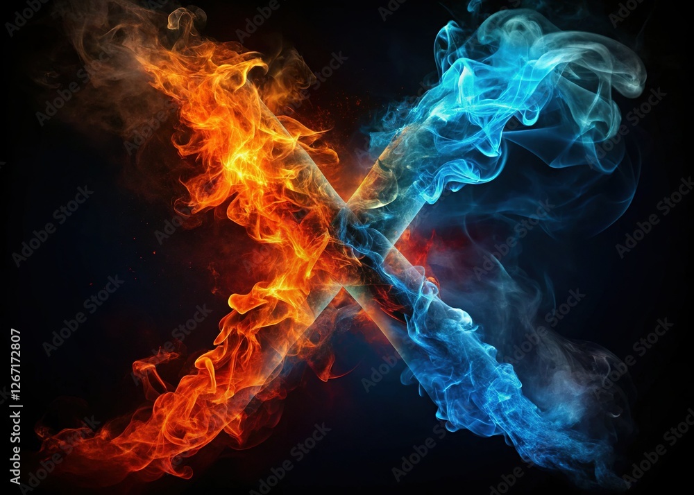 Fototapeta premium Fiery X Symbol, Blue Smoke, Dark Background - Abstract Stock Photo