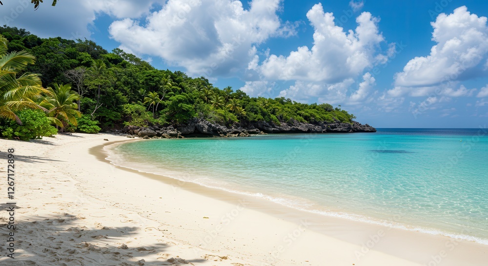 Fototapeta premium Tropical Beach Paradise with Turquoise Water, White Sand, and Lush Vegetation