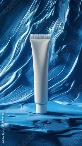 Bright blue cream tube on textured blue surface with vibrant design elements