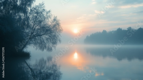 Serene lake at dawn bathed in soft misty sunlight