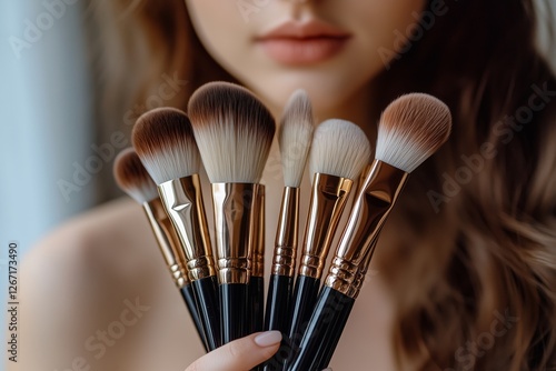 Woman holding makeup brushes indoors with soft natural light illuminating her...