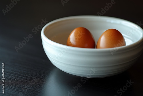 Two brown eggs in a white bowl placed on a dark surface in a cozy kitchen set...