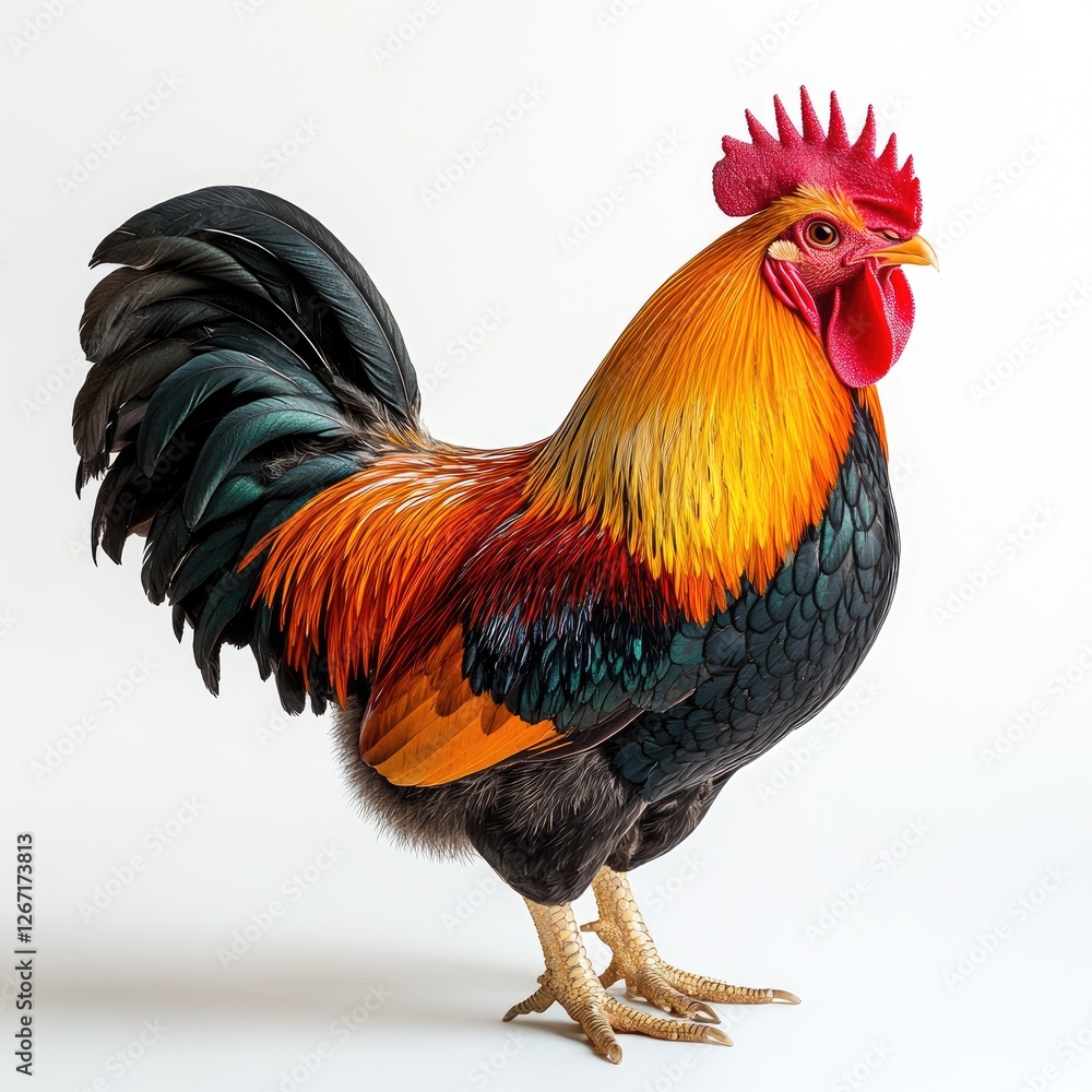 Fototapeta premium Rooster isolated on white background. Rooster 3D rendering, AI generation. Poultry rooster. Farm animals.