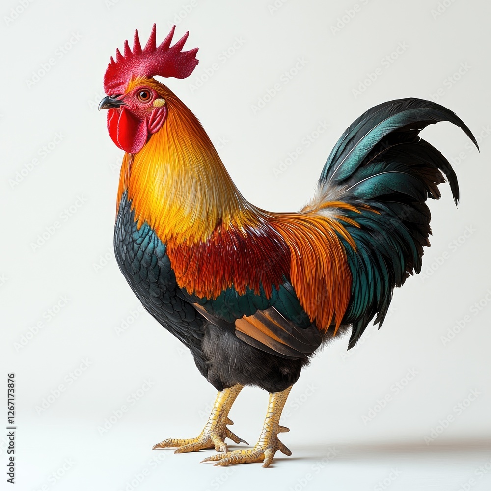 Fototapeta premium Rooster isolated on white background. Rooster 3D rendering, AI generation. Poultry rooster. Farm animals.