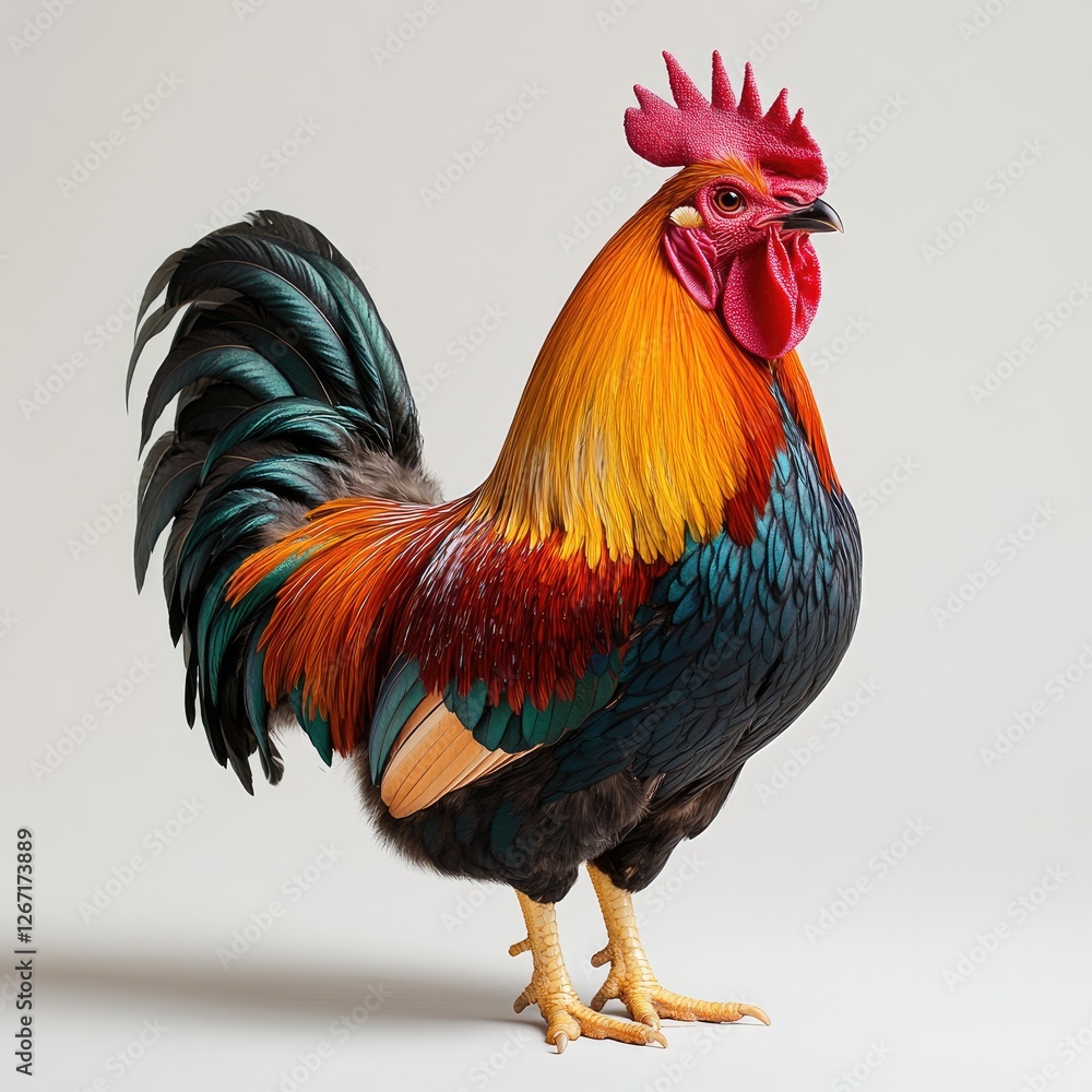 Fototapeta premium Rooster isolated on white background. Rooster 3D rendering, AI generation. Poultry rooster. Farm animals.