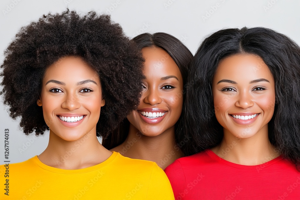 Three diverse women smiling in unity wearing coordinated bright outfits in cheerful portrait capturing beauty friendship and empowering diversity Three diverse women smiling in unity wearing coordinated bright outfits in cheerful portrait capturing beauty friendship and empowering diversity
