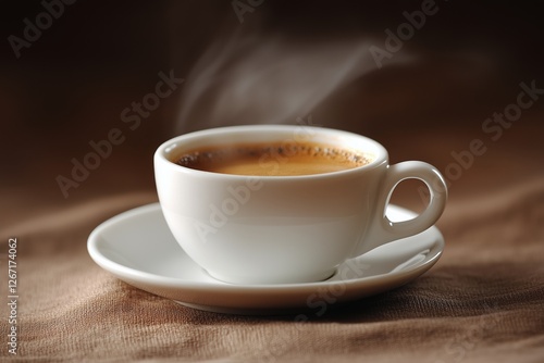 Warm cup of coffee on wooden table at a cozy cafe during morning hours