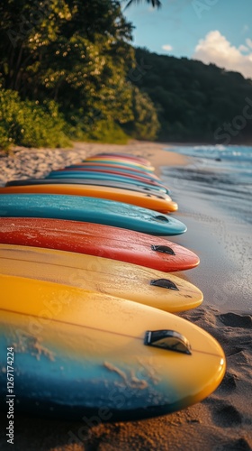 Colorful surfboards lined up on the beach during sunset near the ocean waves