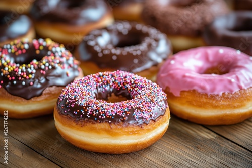 Delightful assortment of colorful donuts on a wooden table ready for celebrat...