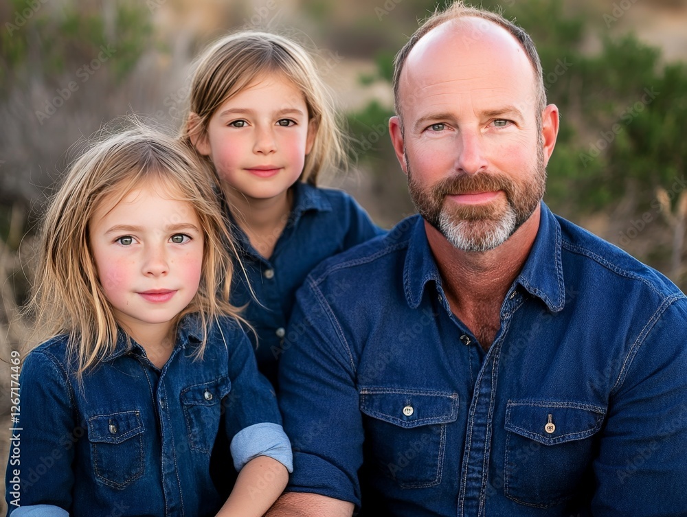 Father and daughters sitting together in rustic countryside setting wearing denim outfits family bond and generational connection captured in portrait Father and daughters sitting together in rustic countryside setting wearing denim outfits family bond and generational connection captured in portrait