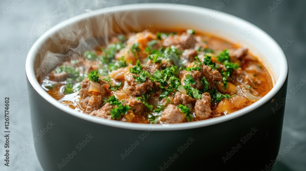 Steaming hearty beef stew in bowl, dark background, food blog use Steaming hearty beef stew in bowl, dark background, food blog use