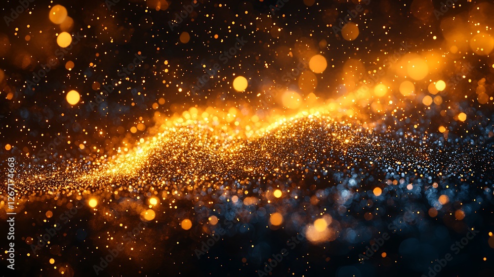 Naklejka premium Golden particles wave, dark background, bokeh, abstract design