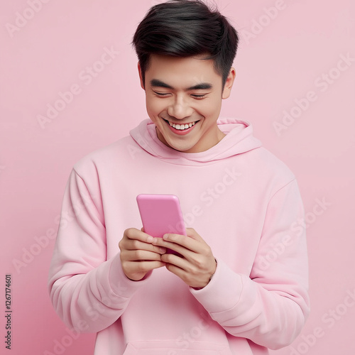 Smiling young man in a pink hoodie using a smartphone against a pink background