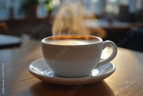 Warm cup of coffee on wooden table at a cozy cafe during morning hours