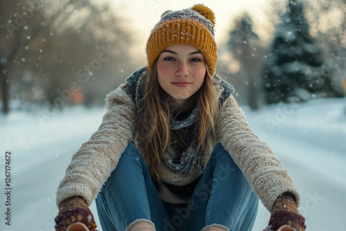 Young girl enjoying winter snowfall while sitting on a snowy path