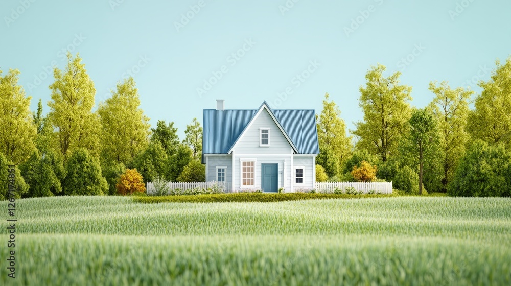 Classic white farmhouse with blue roof in lush green field under clear sky representing rural simplicity serenity and idyllic country living Classic white farmhouse with blue roof in lush green field under clear sky representing rural simplicity serenity and idyllic country living