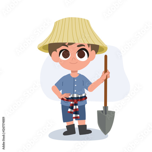 adorable cartoon farmer with manual farming tools working, agriculture tools