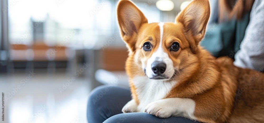 Corgi dog sits on lap indoors, airport waiting area Corgi dog sits on lap indoors, airport waiting area