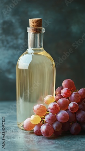 Glass bottle of white wine beside bunch of purple grapes on gray surface