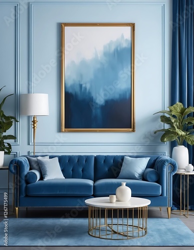 Sophisticated Blue Living Room with Abstract Art and Elegant Furniture