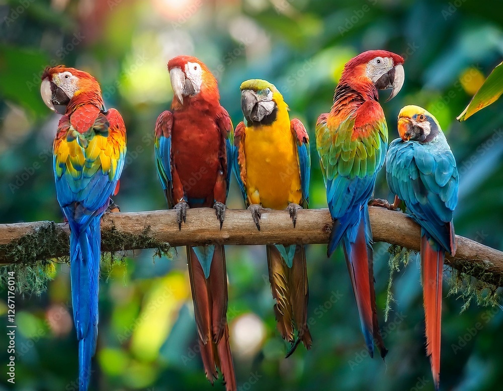 Obraz premium loros de colores llamativos en una rama en un bosque tropical.