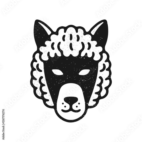 cunning wolf head wearing a sheep's fluffy wool sketch, logo design