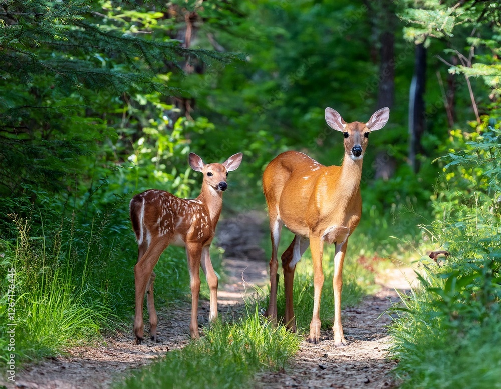 cervatillo de color marrón claro, con manchas blancas visibles en su pelaje. El cervatillo está de pie sobre un camino de tierra,