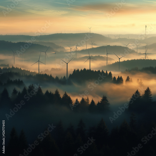 Wind turbines rising above a fog-covered forest at sunrise