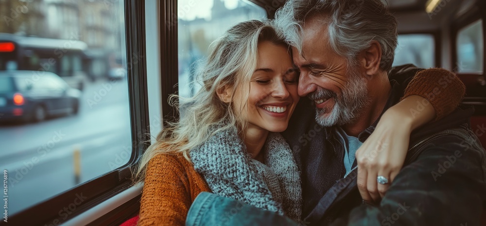 Fototapeta premium Couple cuddling on bus, city view, travel romance