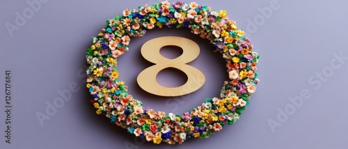 Wooden number eight with colorful flowers on a purple background symbolizing womens empowerment and feminism
