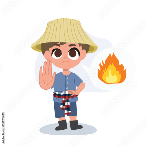 cartoon farmer stopping burning with hand gesture in environmental campaign against air pollution and agricultural smoke