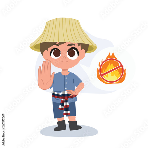 cartoon farmer stopping burning with hand gesture in environmental campaign against air pollution and agricultural smoke