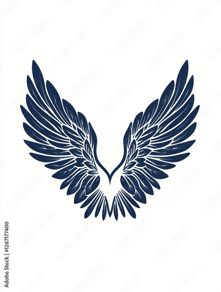 Dark blue angel wings, isolated white background, design element, tattoo art