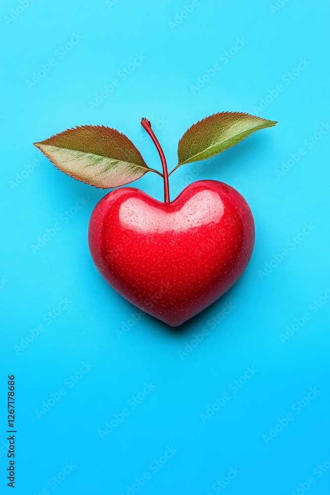 Obraz premium Vibrant 3D render of a glossy red apple with green leaves against a striking blue background representing health nutrition and food symbolism in a conceptual stock illustration
