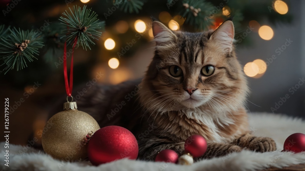 A cat resting beside Christmas ornaments under a festive tree. A cat resting beside Christmas ornaments under a festive tree.