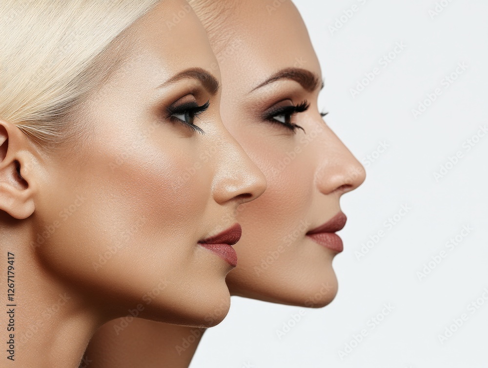 Artistic side profile portrait of two elegant women with flawless skin and strong features emphasizing beauty symmetry and sophistication in a high resolution fashion stock image Artistic side profile portrait of two elegant women with flawless skin and strong features emphasizing beauty symmetry and sophistication in a high resolution fashion stock image