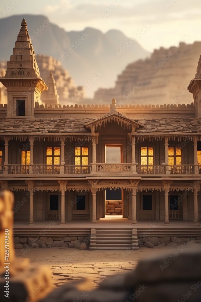 Fototapeta premium Ancient and classic building with architecture blending Greek design, pyramids and Borobudur temple. Blurred background of rocky mountains and sky.