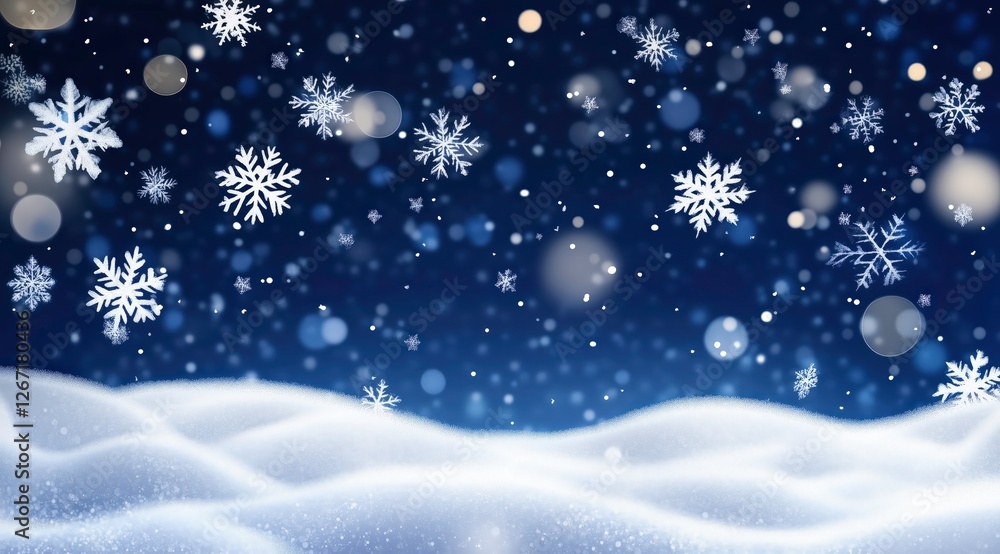 Winter Wonderland: A serene scene of snow-covered hills with falling snowflakes against a dark blue sky. The gentle bokeh effect creates a magical and calming atmosphere. Winter Wonderland: A serene scene of snow-covered hills with falling snowflakes against a dark blue sky. The gentle bokeh effect creates a magical and calming atmosphere.