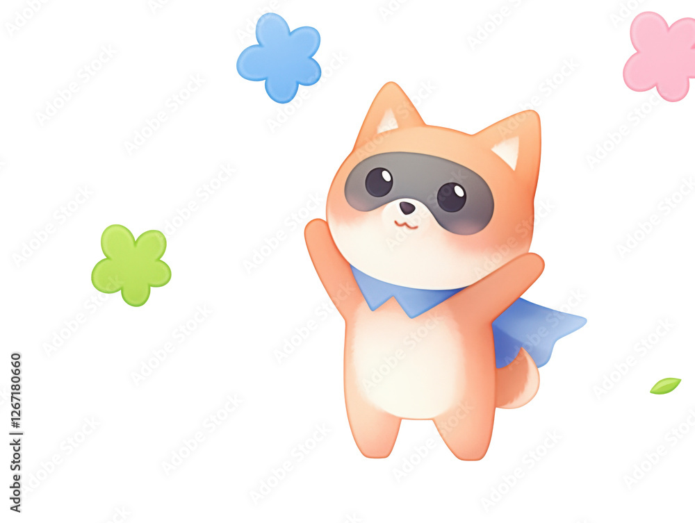 Cartoon cat with blue bow and butterfly wings alongside kawaii dog with superhero mask and cape Cartoon cat with blue bow and butterfly wings alongside kawaii dog with superhero mask and cape